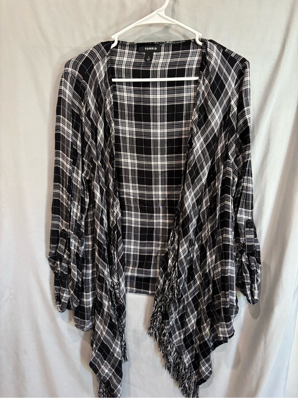torrid Black & White Plaid Fringe Open Drape Cardigan